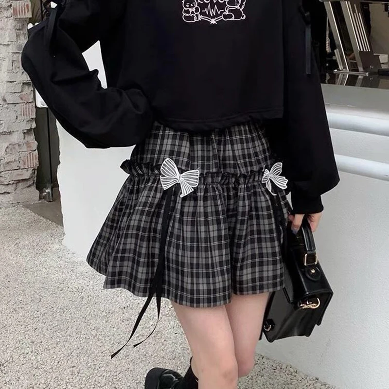 Y2K Gothic Plaid Mini Skirt - High Waist A-Line Harajuku Fashion with Bow Detail