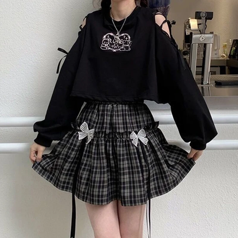 Y2K Gothic Plaid Mini Skirt - High Waist A-Line Harajuku Fashion with Bow Detail