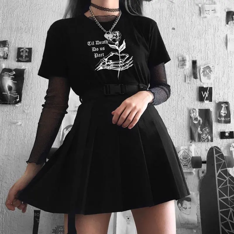 Y2K Gothic Print Grunge Punk Black Top - Vintage Streetwear Fashion - Harajuku Women T-Shirt