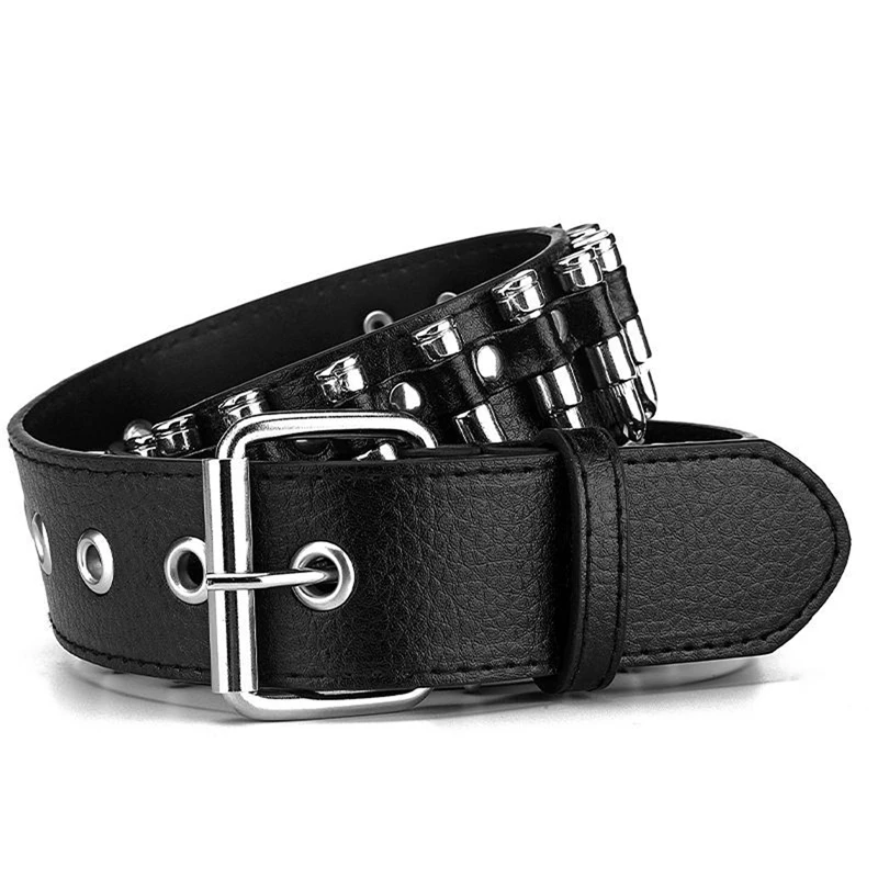 Y2K Gothic Punk Belt - Women's Solid Color Bullets Rivet Studded Imitation Leather Hip Hop Rivet