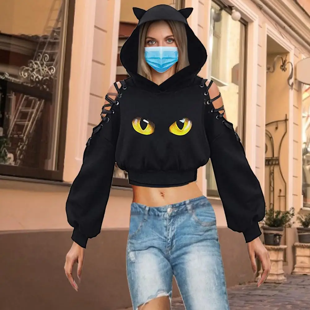 Y2K Gothic Punk Cat Ears Hoodie - Harajuku Cold Shoulder Sweatshirt