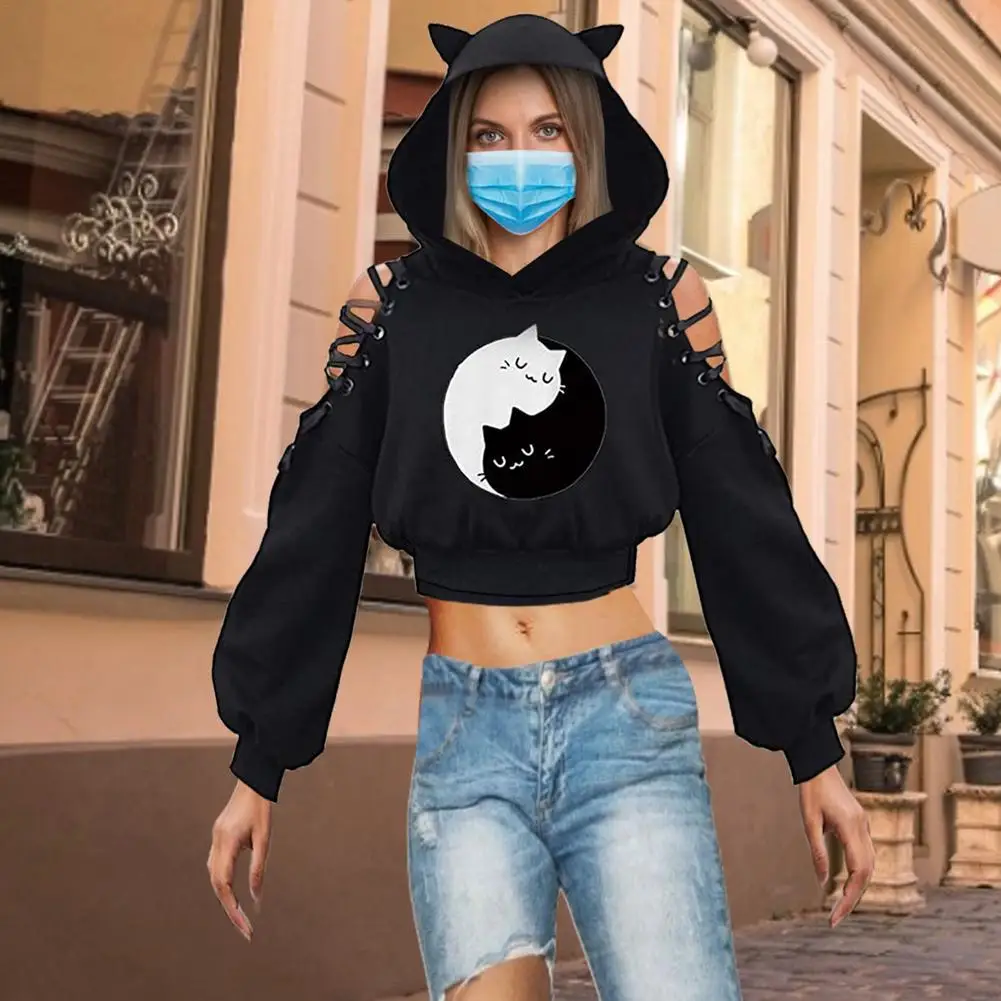 Y2K Gothic Punk Cat Ears Hoodie - Harajuku Cold Shoulder Sweatshirt