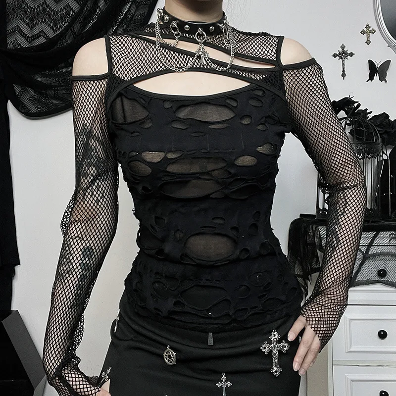 Y2K Gothic Punk Fishnet Patchwork Hollow Out T-shirt - Dark Frayed Mall Grunge Alt Streetwear Top