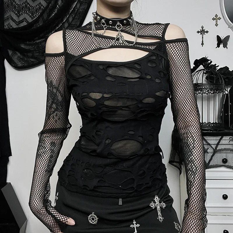 Y2K Gothic Punk Fishnet Patchwork Hollow Out T-shirt - Dark Frayed Mall Grunge Alt Streetwear Top