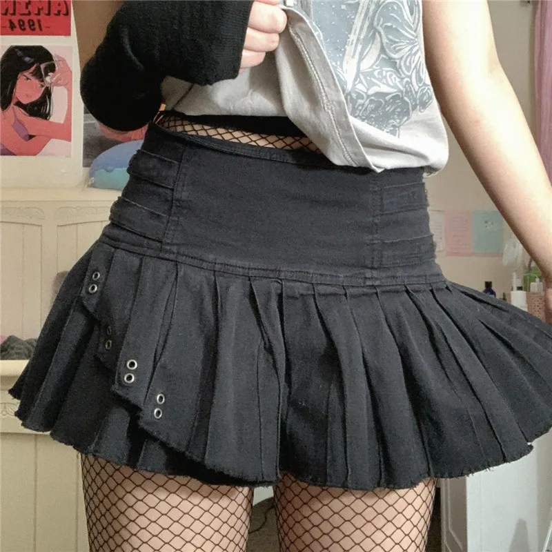 Y2K Gothic Punk Grunge Mini Skirt - Women's Fairycore High Waist Short Skirt - Black Dark Academia