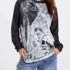 Y2K Gothic Retro Grunge Mall Goth Tops - Skull Graphic Print Loose T-shirt Women