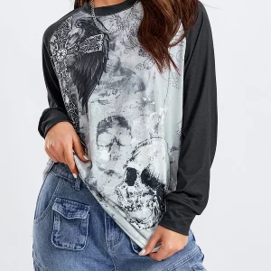 Y2K Gothic Retro Grunge Mall Goth Tops - Skull Graphic Print Loose T-shirt Women