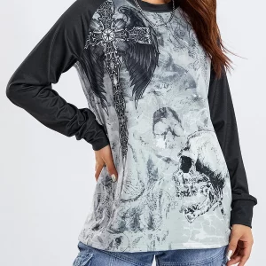 Y2K Gothic Retro Grunge Mall Goth Tops - Skull Graphic Print Loose T-shirt Women