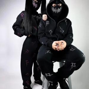 Y2K Gothic Rock Water Diamond Harajuku High Street Hooded Casual Sports Set