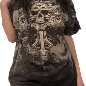 Y2K Gothic Skull Print T-Shirt - Vintage Crew Neck Loose Fit - 90s Aesthetic E-Girl Top