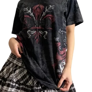 Y2K Gothic Skull Print T-Shirt - Vintage Crew Neck Loose Fit - 90s Aesthetic E-Girl Top