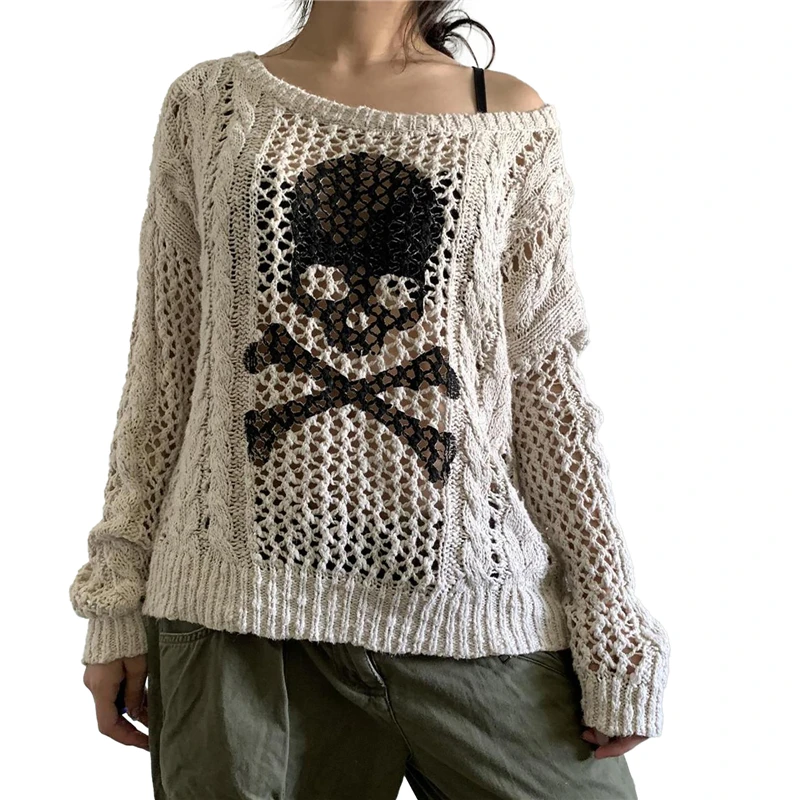 Y2K Gothic Skull Sweater: Aesthetic Hollow Out Long Sleeve Top