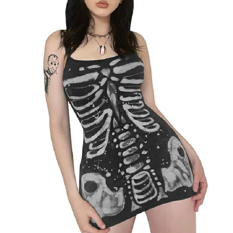 Y2K Gothic Summer Dress: Spaghetti Strap Bone Print Mini Dress