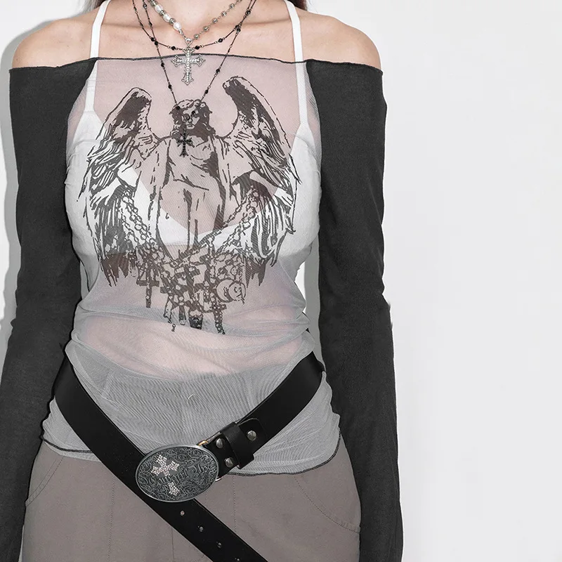 Y2K Gothic Techwear Crop Tops - Cyber Punk Mesh Transparent Sexy Print T-shirts Women