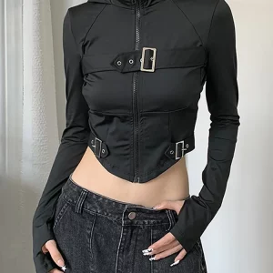 Y2K Gothic Techwear Fashion Cyber Grunge Hooded Bodycon Zip-Up Blouses