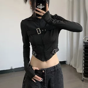 Y2K Gothic Techwear Fashion Cyber Grunge Hooded Bodycon Zip-Up Blouses