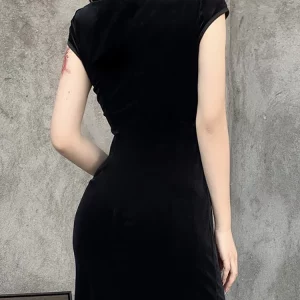 Y2K Gothic Velvet Aesthetic Dress Vintage Women Black Bandage Slit-Hem Bodycon Cheongsam