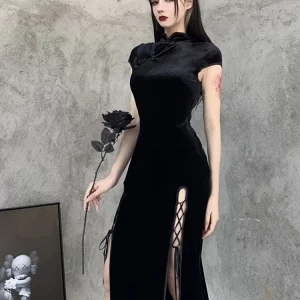 Y2K Gothic Velvet Aesthetic Dress Vintage Women Black Bandage Slit-Hem Bodycon Cheongsam