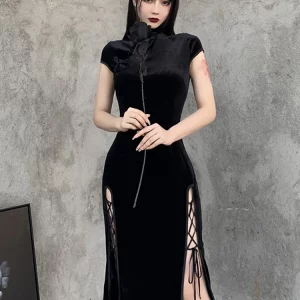 Y2K Gothic Velvet Aesthetic Dress Vintage Women Black Bandage Slit-Hem Bodycon Cheongsam