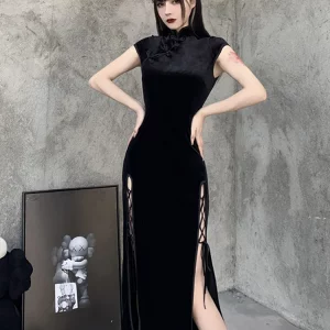 Y2K Gothic Velvet Aesthetic Dress Vintage Women Black Bandage Slit-Hem Bodycon Cheongsam