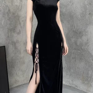 Y2K Gothic Velvet Aesthetic Dress Vintage Women Black Bandage Slit-Hem Bodycon Cheongsam