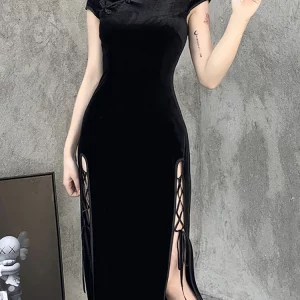 Y2K Gothic Velvet Aesthetic Dress Vintage Women Black Bandage Slit-Hem Bodycon Cheongsam