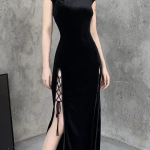 Y2K Gothic Velvet Aesthetic Dress Vintage Women Black Bandage Slit-Hem Bodycon Cheongsam