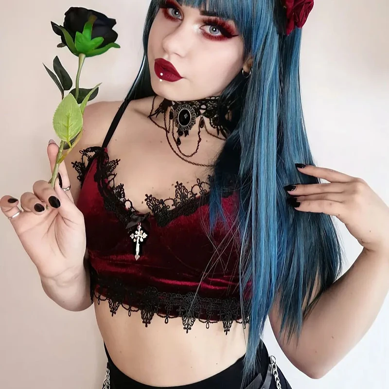 Y2K Gothic Velvet Camisole with Lace Trim - Alternative Aesthetic Crop Top