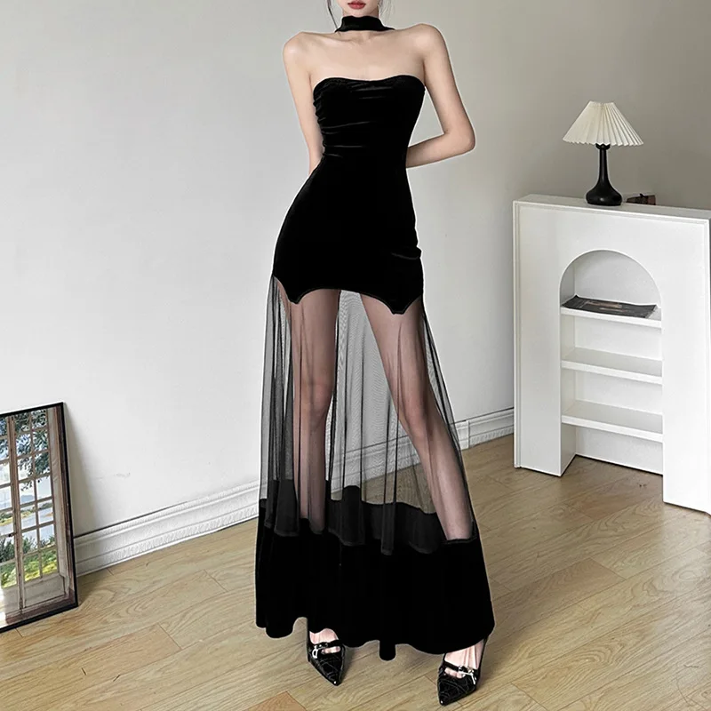 Y2K Gothic Velvet Halter Dress with Mesh Patchwork - Elegant Dark Party Wear