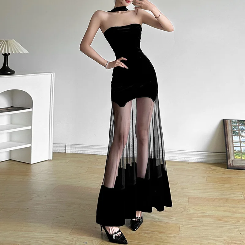 Y2K Gothic Velvet Halter Dress with Mesh Patchwork - Elegant Dark Party Wear