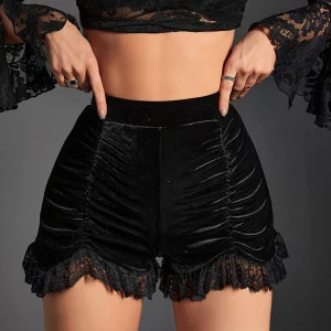 Y2K Gothic Velvet Ruched Shorts & Skirts Set - E-girl Grunge High Waist Skinny Bottoms with Lace