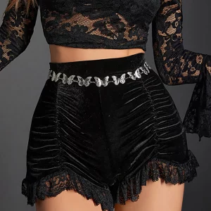 Y2K Gothic Velvet Ruched Shorts & Skirts Set - E-girl Grunge High Waist Skinny Bottoms with Lace