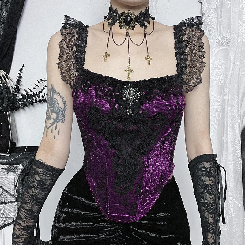 Y2K Gothic Velvet Tank Top - Vintage Grunge Elegant Women's Bustier Top