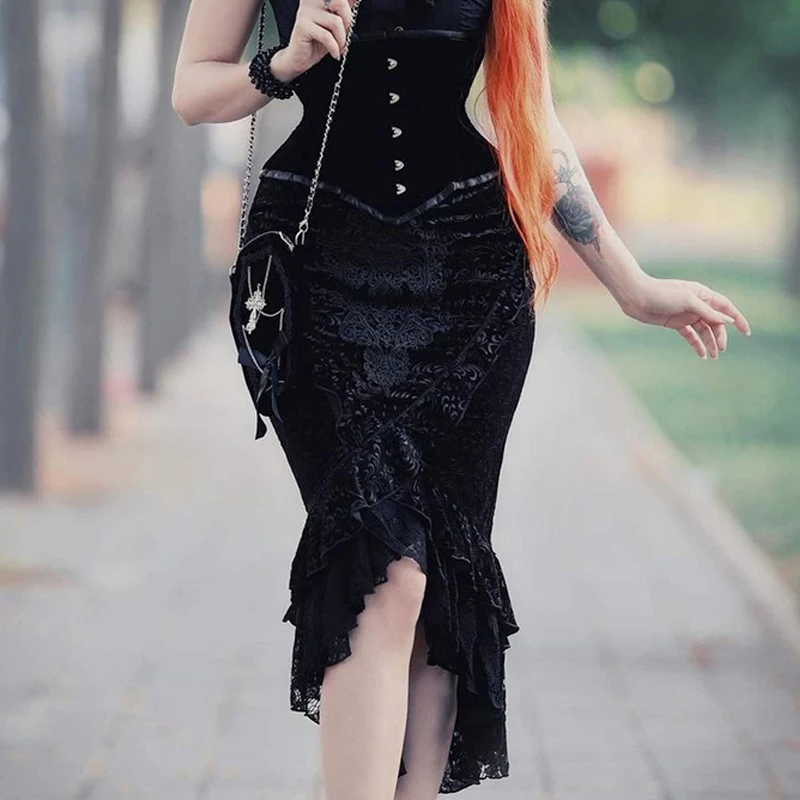 Y2K Gothic Vintage Mall Ruffled Mermaid Skirt - Grunge Punk Aesthetic Lace Hem Midi