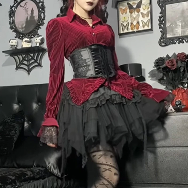 Y2K Gothic Vintage Velvet Blouse with Ruffles - Elegant Dark Striped Button-Up Shirt