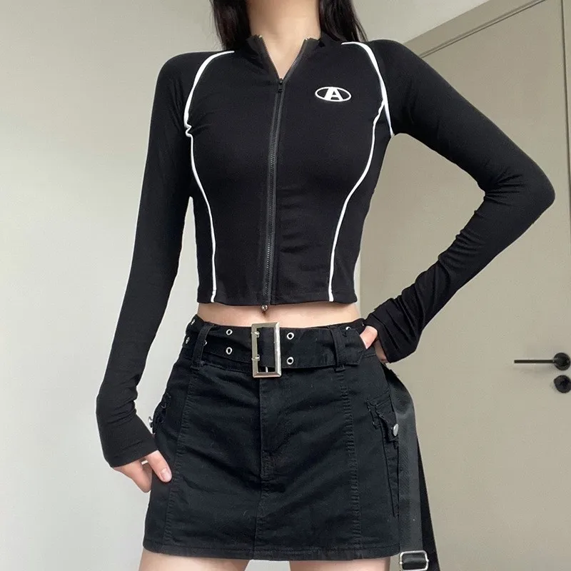 Y2K Gothic Zip-Up Crop Top with Letter Embroidery