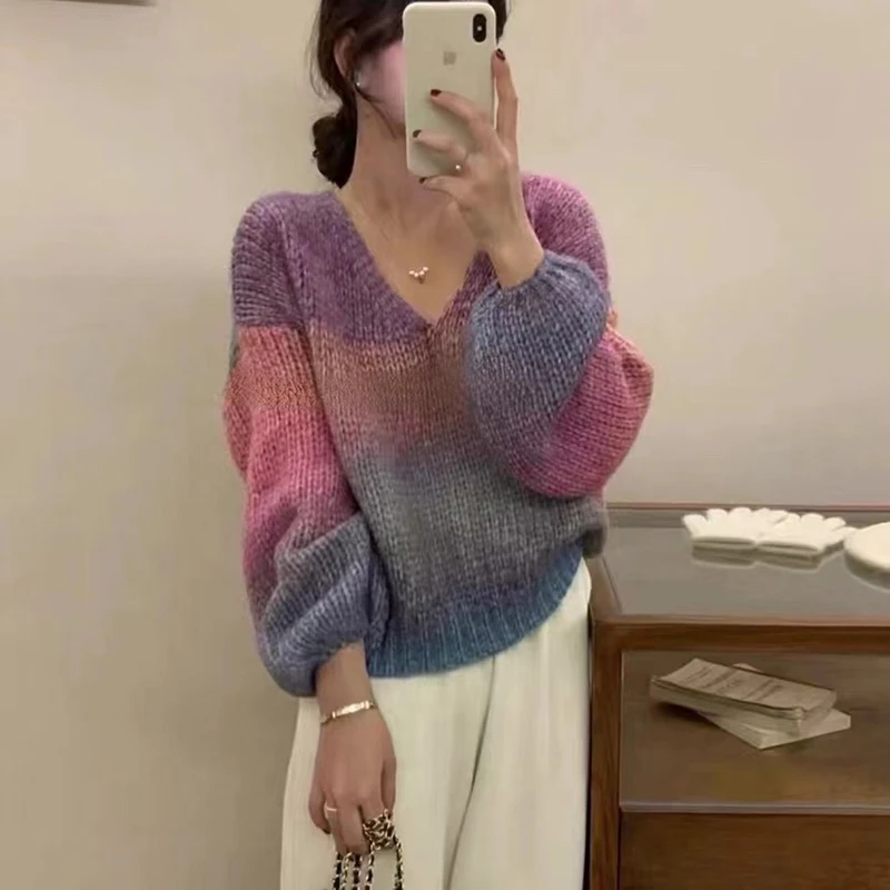 Y2K Gradient Knit V-Neck Sweater - Korean Fashion Loose Fit Pullover