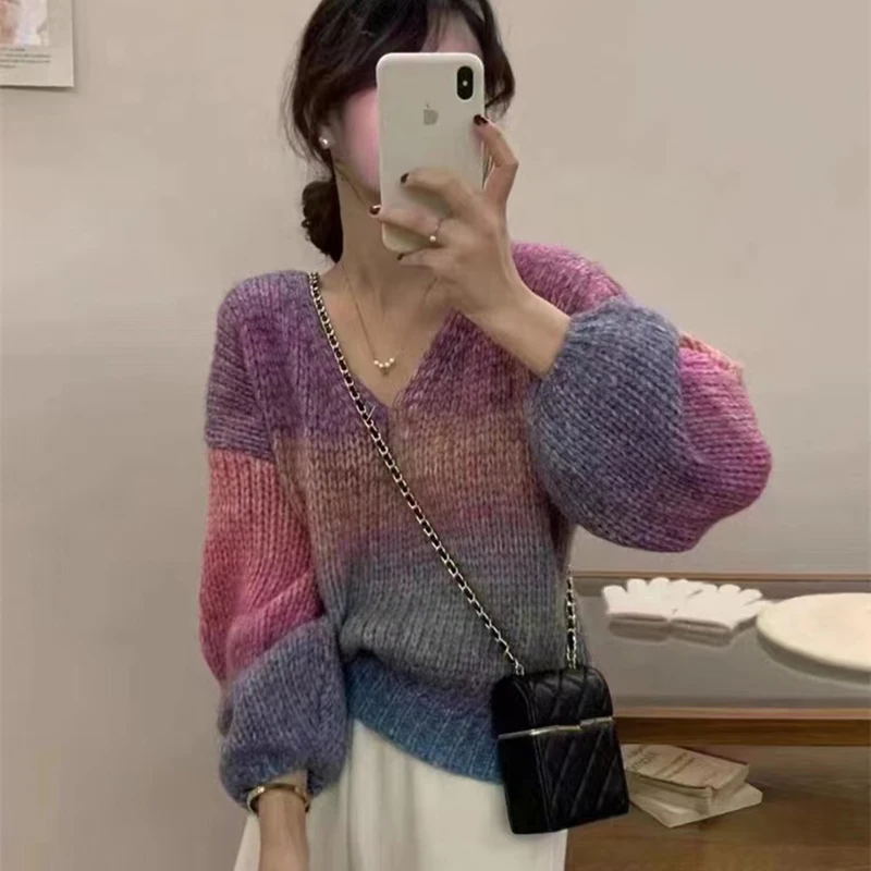 Y2K Gradient Knit V-Neck Sweater - Korean Fashion Loose Fit Pullover