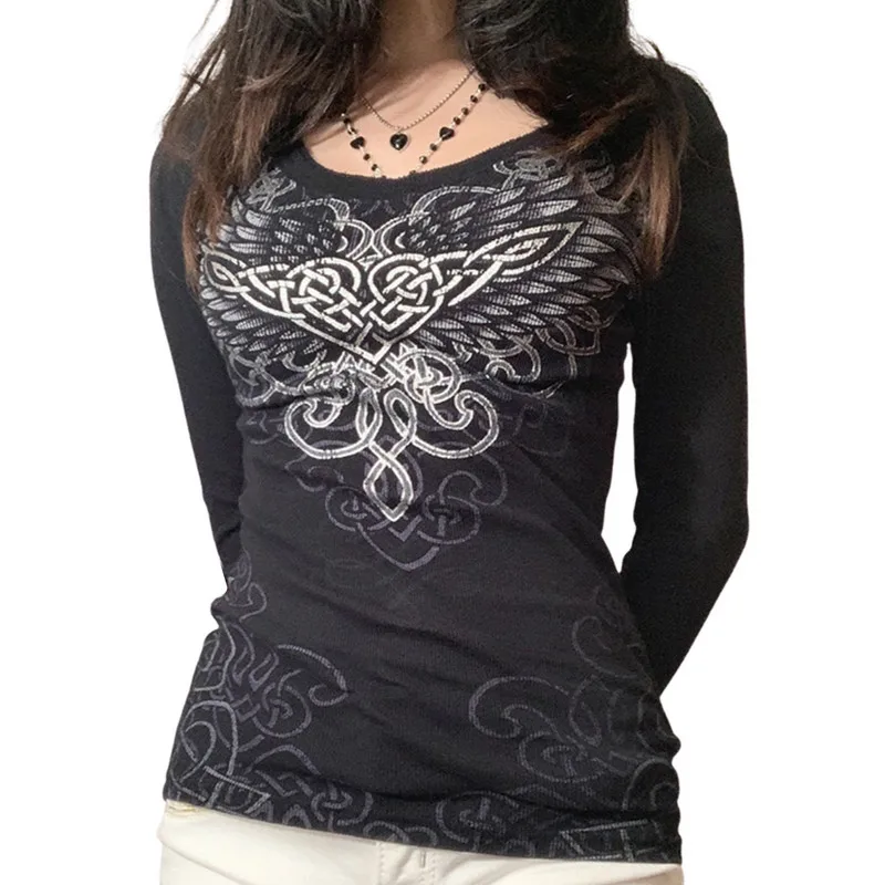 Y2K Graphic T-Shirts: Slim Fit Printed Long Sleeve Tops for Women