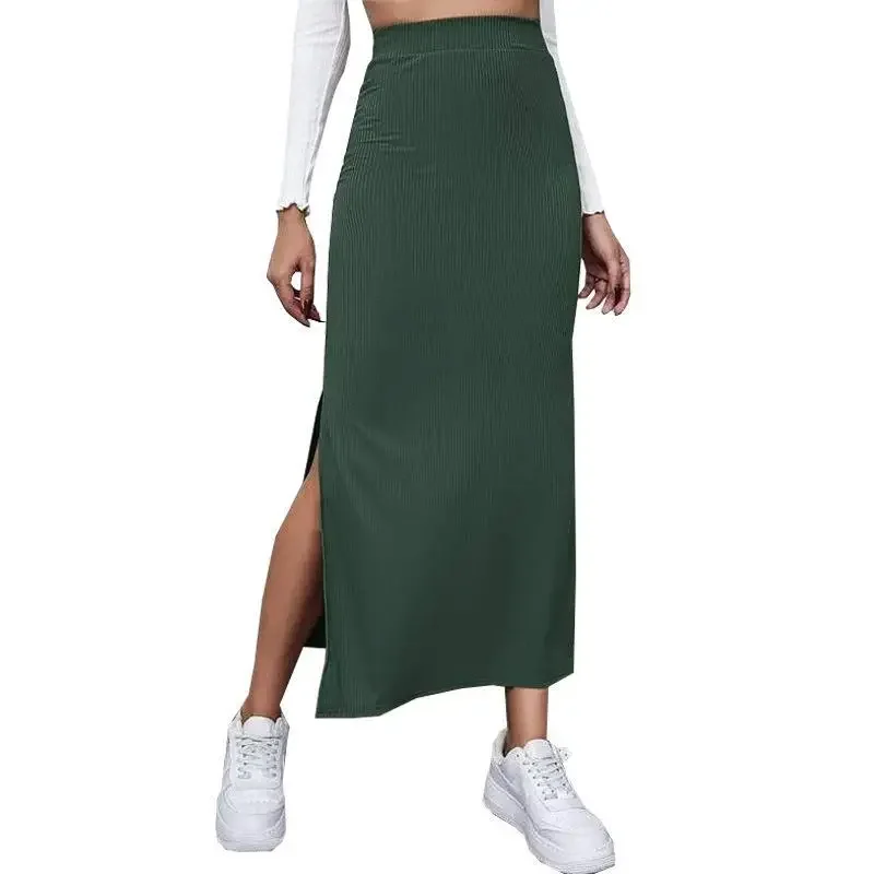 Y2K Green Knit Midi Skirt - High Waist Bodycon Split Streetwear