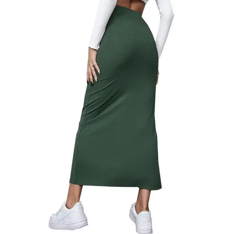 Y2K Green Knit Midi Skirt - High Waist Bodycon Split Streetwear