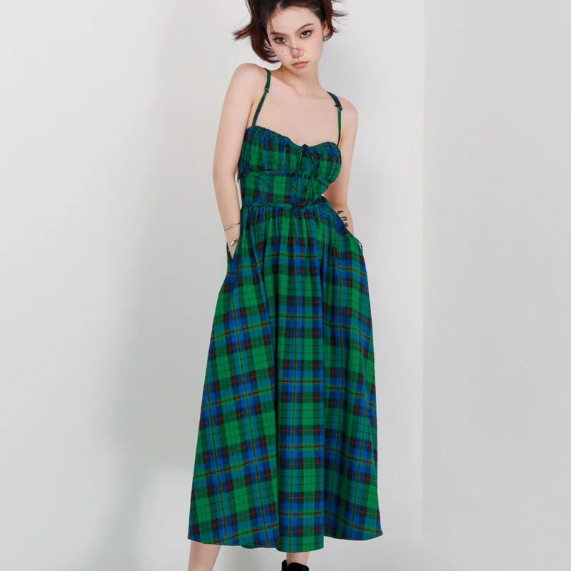 Y2K Green Plaid Strap Dress - Summer Fashion 2024