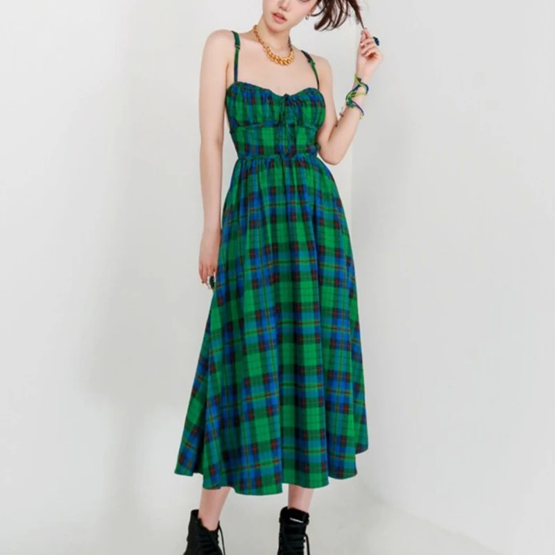 Y2K Green Plaid Strap Dress - Summer Fashion 2024