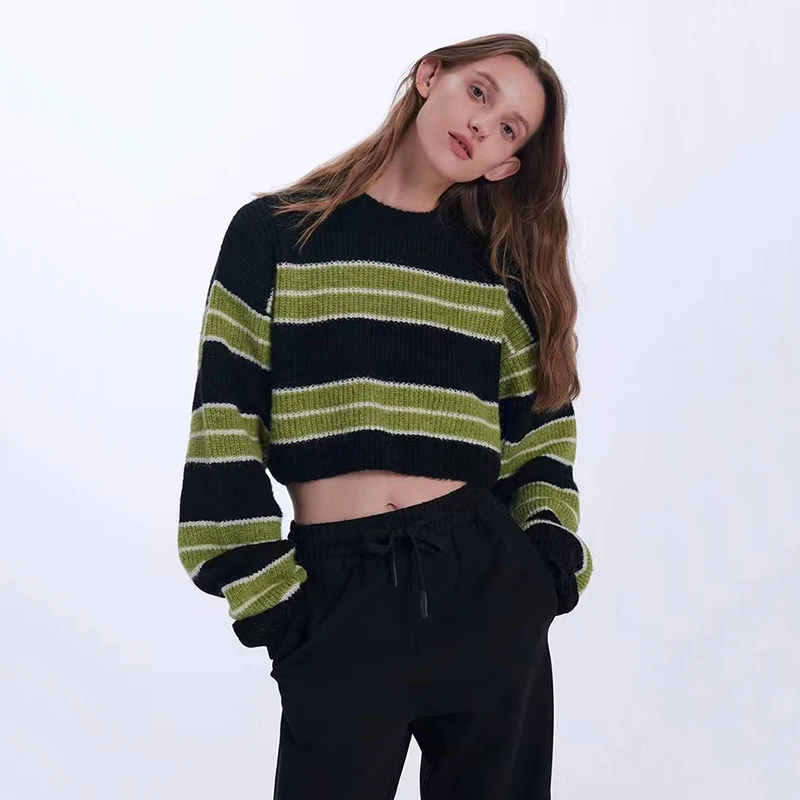 Y2K Green Striped Crop Knit Sweater - Vintage Streetwear Pullover