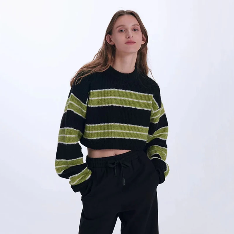 Y2K Green Striped Crop Knit Sweater - Vintage Streetwear Pullover