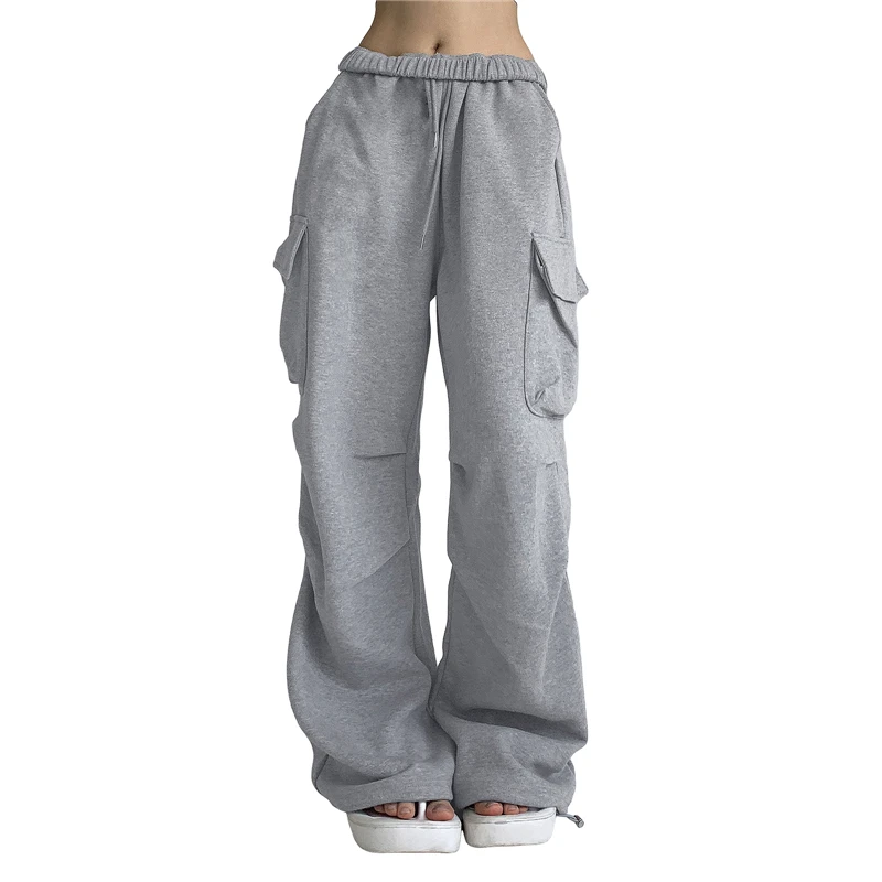 Y2K Grey Baggy Cargo Pants with Drawstring Waist & Flap Pockets