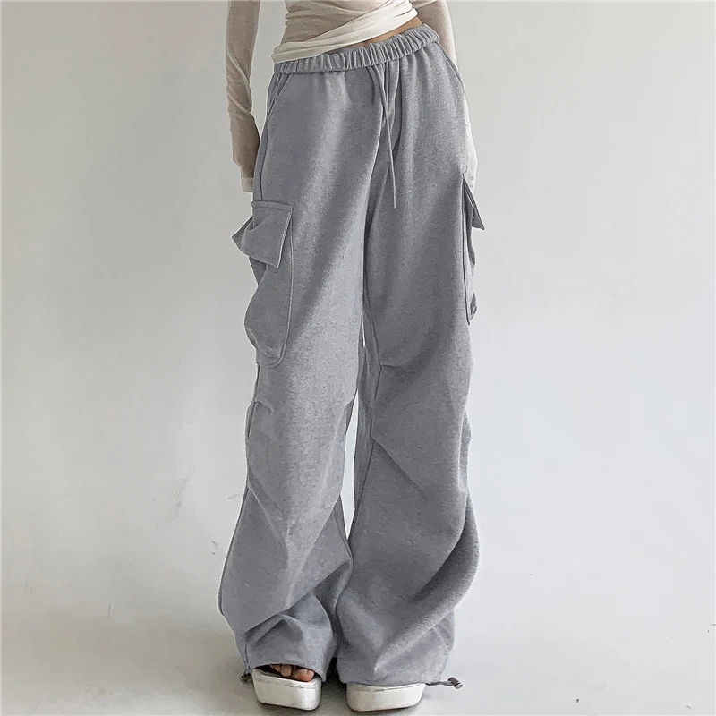 Y2K Grey Baggy Cargo Pants with Drawstring Waist & Flap Pockets