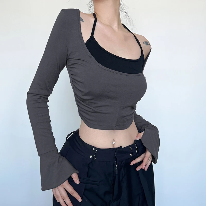 Y2K Grey Two-Piece Halter Top with Flare Sleeves