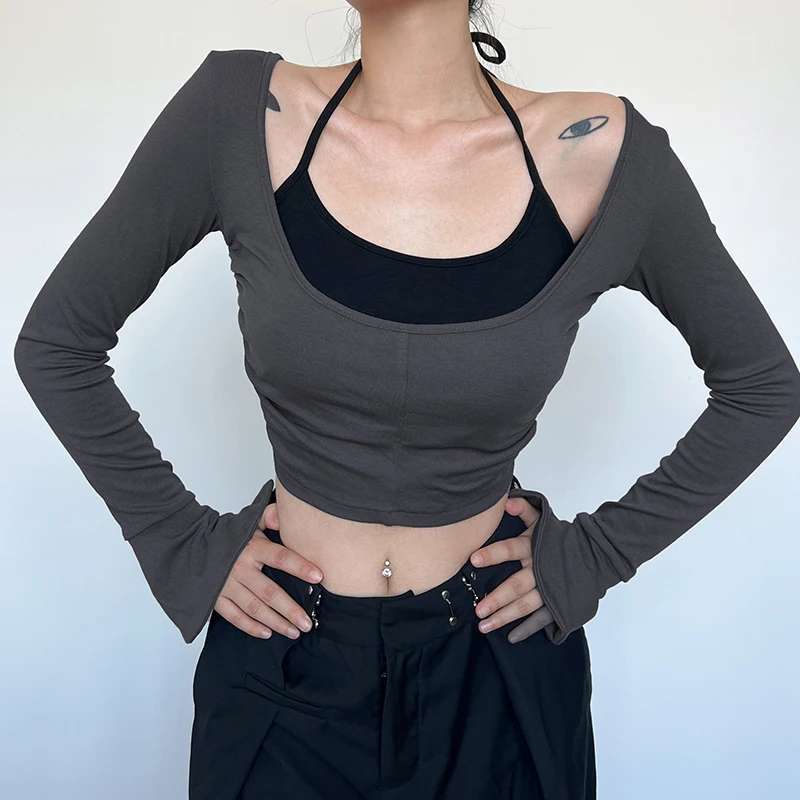 Y2K Grey Two-Piece Halter Top with Flare Sleeves