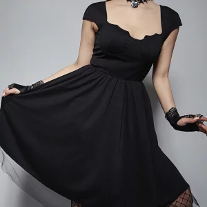 Y2K Grunge Aesthetic Black Bat Neck Sexy Dresses - Mall Gothic Punk Mesh Hem Women Alt Dress